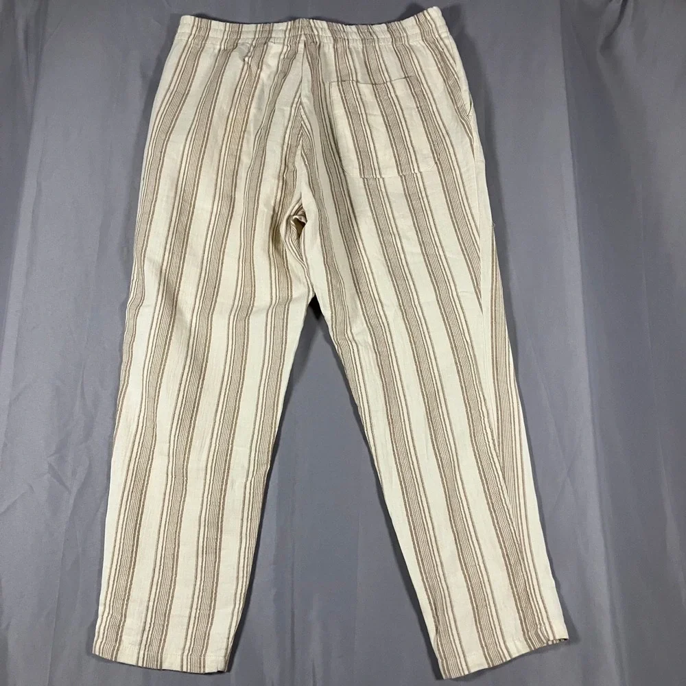 ZARA Striped Linen Womens XL Blend Drawstring Waist Pants Beige Brown Casual